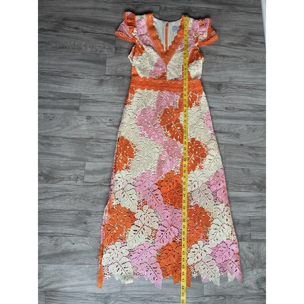 Adelyn Rae Crochet Lace Midi Dress XS Floral Orange Pink Boho‎ V-Neck